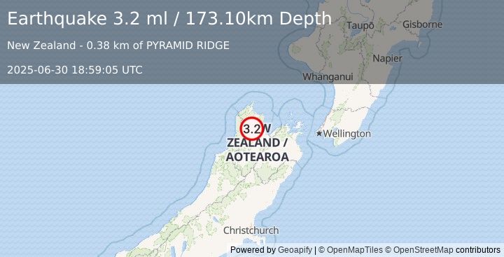 Earthquake SOUTH ISLAND OF NEW ZEALAND (3.2 ml) (2025-06-30 18:59:05 UTC)
