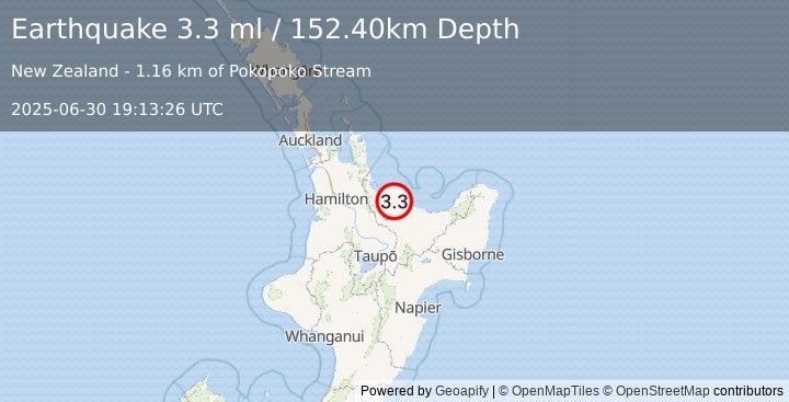 Earthquake NORTH ISLAND OF NEW ZEALAND (3.3 ml) (2025-06-30 19:13:26 UTC)