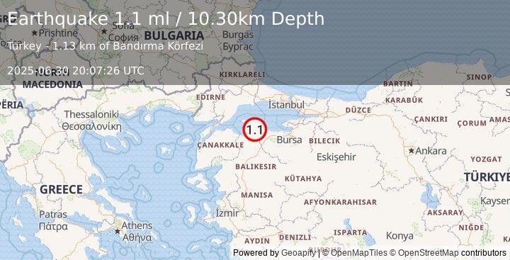Earthquake WESTERN TURKEY (1.1 ml) (2025-06-30 20:07:26 UTC)