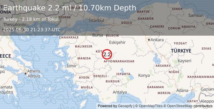 Earthquake WESTERN TURKEY (2.2 ml) (2025-06-30 21:23:37 UTC)