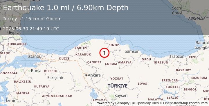 Earthquake CENTRAL TURKEY (1.0 ml) (2025-06-30 21:49:19 UTC)