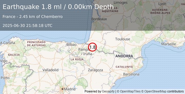 Earthquake PYRENEES (1.8 ml) (2025-06-30 21:58:18 UTC)