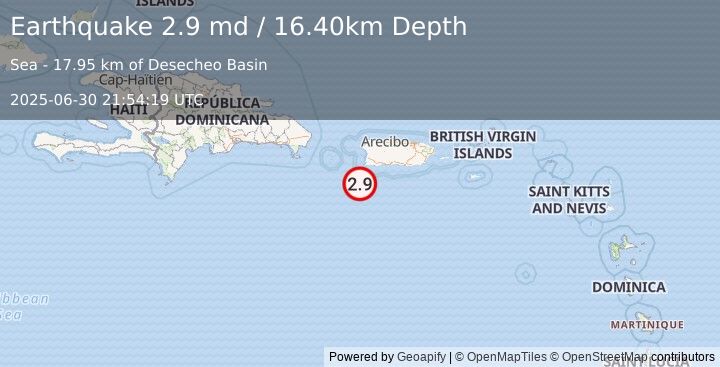 Earthquake PUERTO RICO REGION (2.9 md) (2025-06-30 21:54:19 UTC)