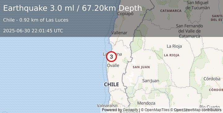 Earthquake COQUIMBO, CHILE (3.0 ml) (2025-06-30 22:01:45 UTC)