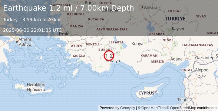 Earthquake WESTERN TURKEY (1.2 ml) (2025-06-30 22:01:35 UTC)