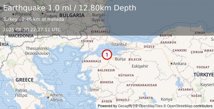 Earthquake WESTERN TURKEY (1.0 ml) (2025-06-30 22:27:11 UTC)