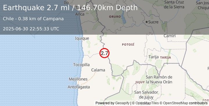 Earthquake ANTOFAGASTA, CHILE (2.7 ml) (2025-06-30 22:55:33 UTC)