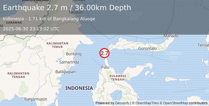 Earthquake MINAHASA, SULAWESI, INDONESIA (2.7 m) (2025-06-30 23:13:02 UTC)