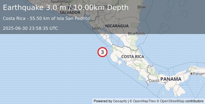 Earthquake OFF COAST OF COSTA RICA (3.0 m) (2025-06-30 23:58:35 UTC)