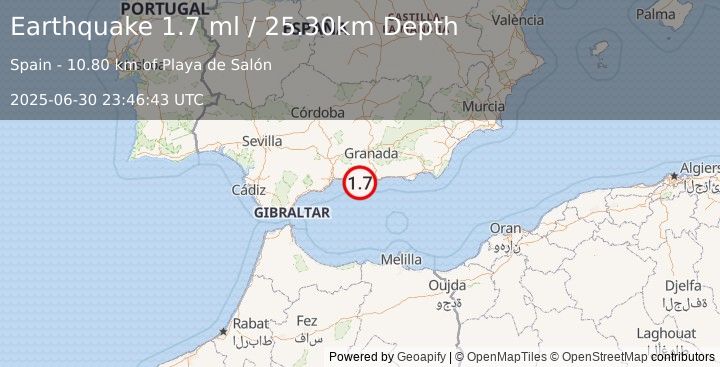 Earthquake STRAIT OF GIBRALTAR (1.7 ml) (2025-06-30 23:46:43 UTC)