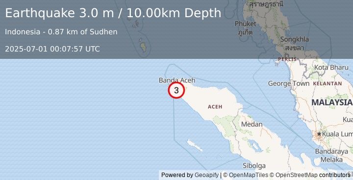 Earthquake NORTHERN SUMATRA, INDONESIA (3.0 m) (2025-07-01 00:07:57 UTC)