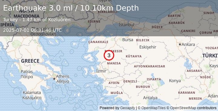 Earthquake WESTERN TURKEY (3.0 ml) (2025-07-01 00:31:40 UTC)