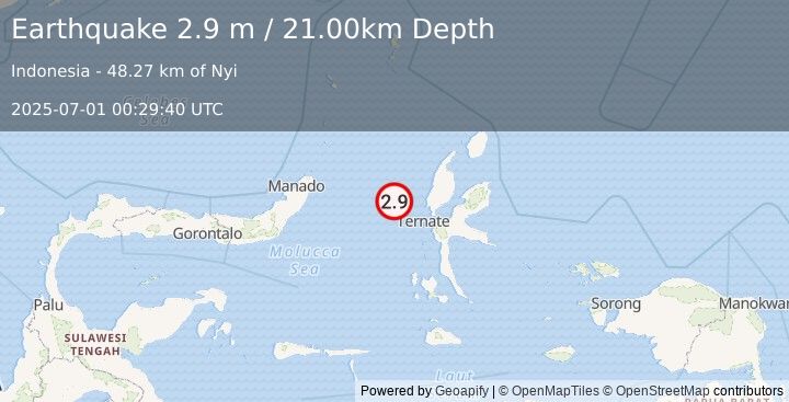 Earthquake MOLUCCA SEA (2.9 m) (2025-07-01 00:29:40 UTC)