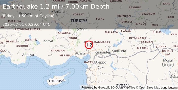 Earthquake CENTRAL TURKEY (1.2 ml) (2025-07-01 00:29:04 UTC)