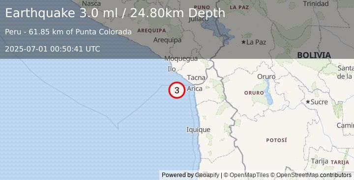 Earthquake OFF COAST OF TARAPACA, CHILE (3.0 ml) (2025-07-01 00:50:41 UTC)