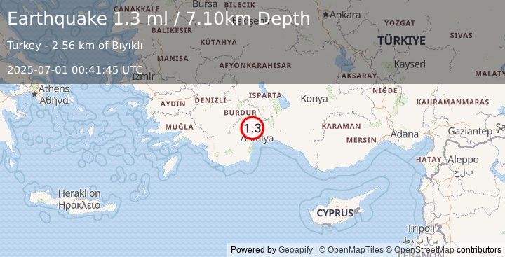 Earthquake WESTERN TURKEY (1.3 ml) (2025-07-01 00:41:45 UTC)