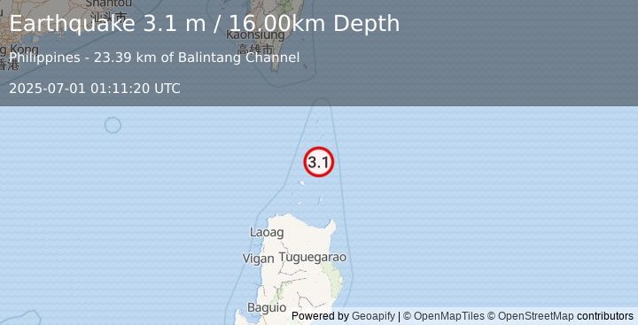 Earthquake BABUYAN ISL REGION, PHILIPPINES (3.1 m) (2025-07-01 01:11:20 UTC)