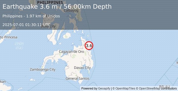 Earthquake MINDANAO, PHILIPPINES (3.6 m) (2025-07-01 01:30:11 UTC)