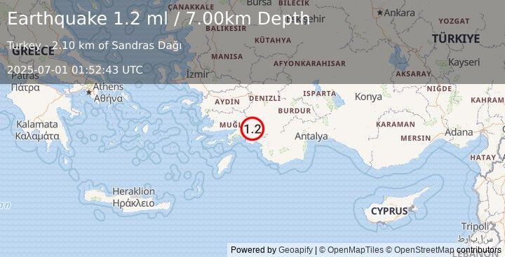 Earthquake WESTERN TURKEY (1.2 ml) (2025-07-01 01:52:43 UTC)