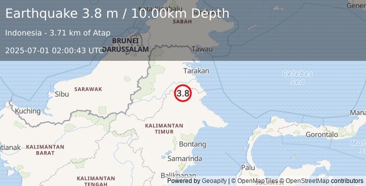 Earthquake KALIMANTAN, INDONESIA (3.8 m) (2025-07-01 02:00:43 UTC)