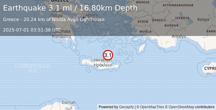 Earthquake CRETE, GREECE (3.1 ml) (2025-07-01 03:51:38 UTC)