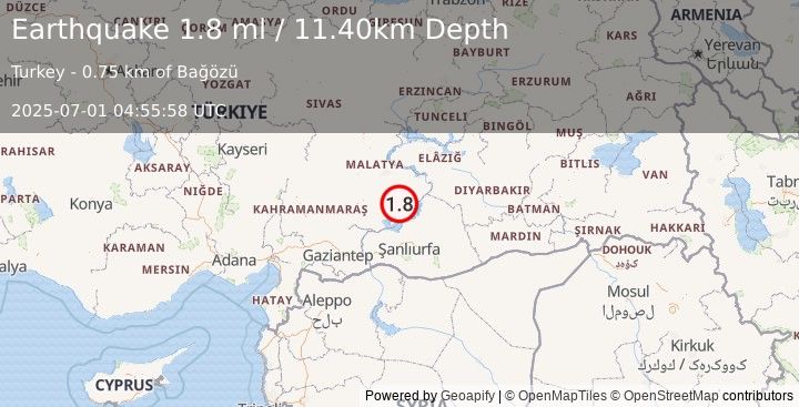 Earthquake EASTERN TURKEY (1.8 ml) (2025-07-01 04:55:58 UTC)