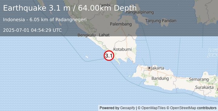 Earthquake SOUTHERN SUMATRA, INDONESIA (3.1 m) (2025-07-01 04:54:29 UTC)