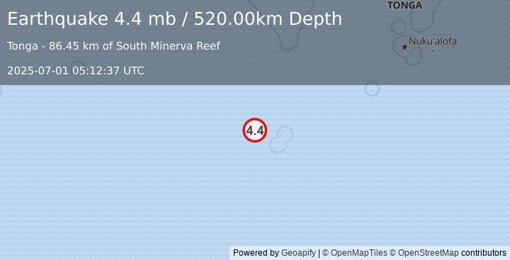 Earthquake SOUTH OF FIJI ISLANDS (4.4 mb) (2025-07-01 05:12:37 UTC)