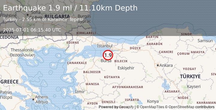 Earthquake WESTERN TURKEY (1.9 ml) (2025-07-01 06:15:40 UTC)