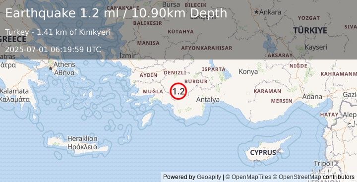Earthquake WESTERN TURKEY (1.2 ml) (2025-07-01 06:19:59 UTC)