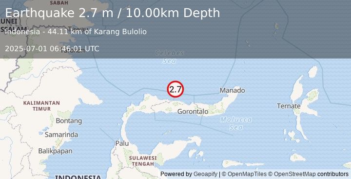 Earthquake MINAHASA, SULAWESI, INDONESIA (2.7 m) (2025-07-01 06:46:01 UTC)