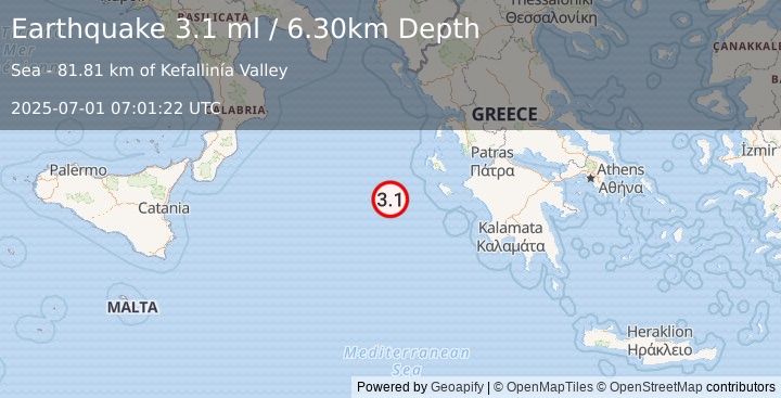 Earthquake IONIAN SEA (3.0 ml) (2025-07-01 07:01:24 UTC)