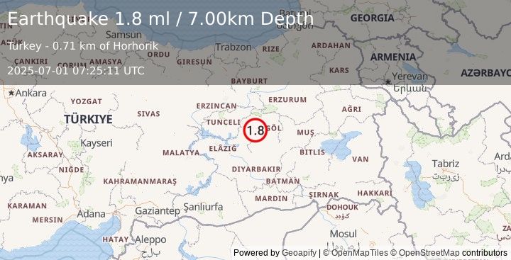 Earthquake EASTERN TURKEY (1.8 ml) (2025-07-01 07:25:11 UTC)