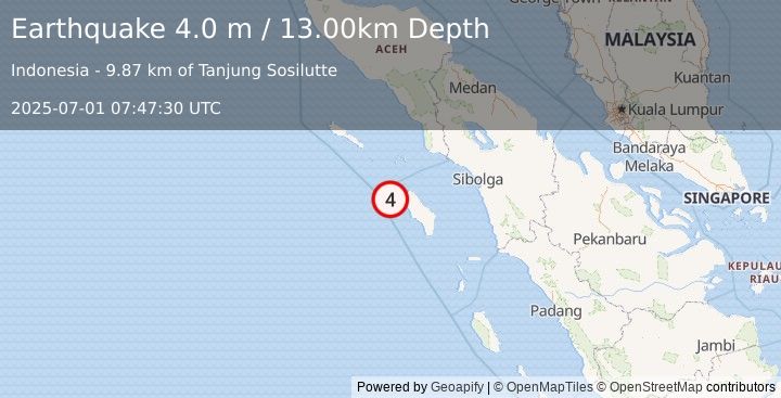 Earthquake NIAS REGION, INDONESIA (4.0 m) (2025-07-01 07:47:30 UTC)