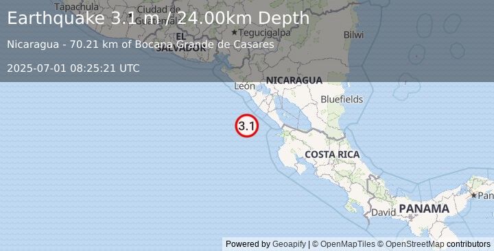 Earthquake NEAR COAST OF NICARAGUA (3.1 m) (2025-07-01 08:25:21 UTC)