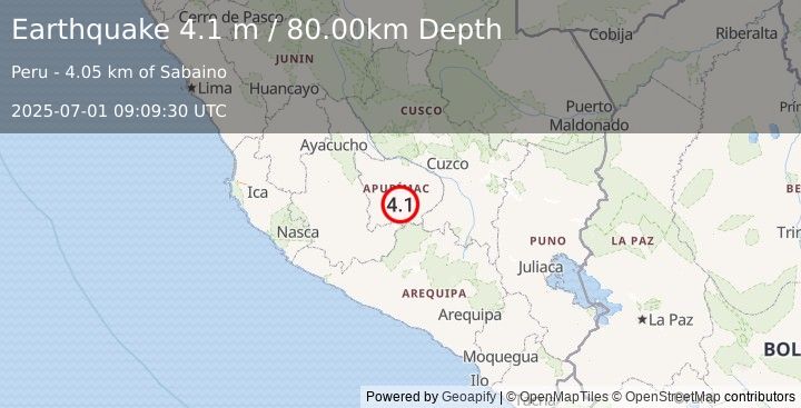 Earthquake CENTRAL PERU (4.1 m) (2025-07-01 09:09:30 UTC)