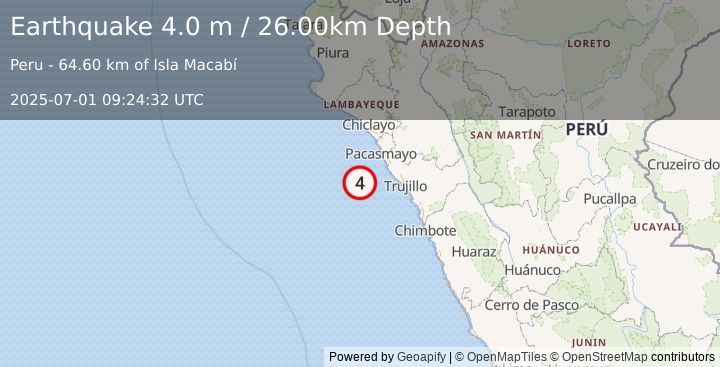 Earthquake OFF COAST OF NORTHERN PERU (4.0 m) (2025-07-01 09:24:32 UTC)