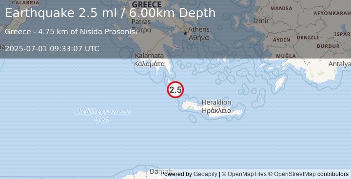 Earthquake CRETE, GREECE (2.5 ml) (2025-07-01 09:33:07 UTC)