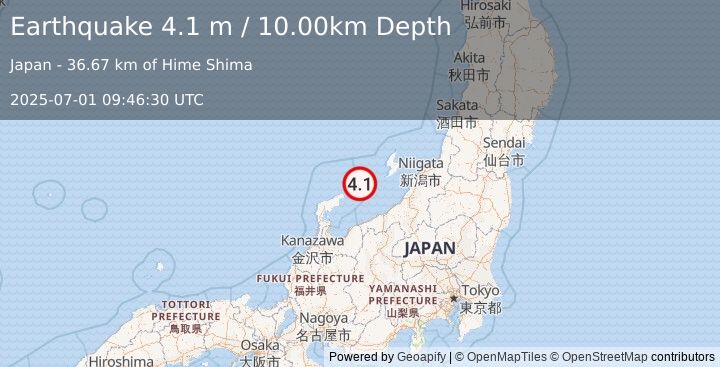 Earthquake NEAR WEST COAST OF HONSHU, JAPAN (4.1 m) (2025-07-01 09:46:30 UTC)