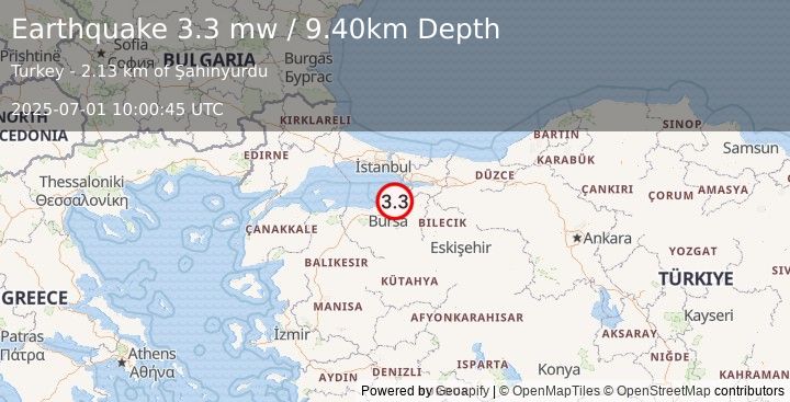 Earthquake WESTERN TURKEY (3.3 mw) (2025-07-01 10:00:45 UTC)