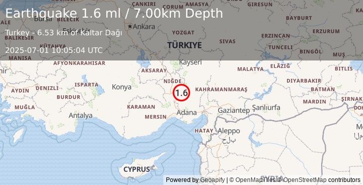 Earthquake CENTRAL TURKEY (1.6 ml) (2025-07-01 10:05:04 UTC)