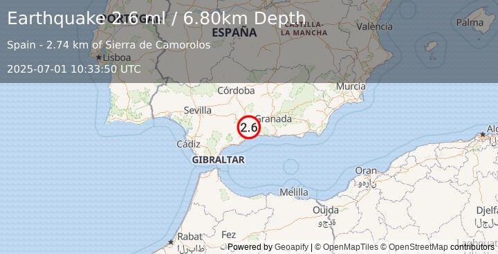 Earthquake STRAIT OF GIBRALTAR (2.6 ml) (2025-07-01 10:33:50 UTC)