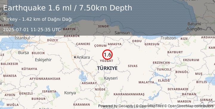 Earthquake CENTRAL TURKEY (1.6 ml) (2025-07-01 11:25:35 UTC)