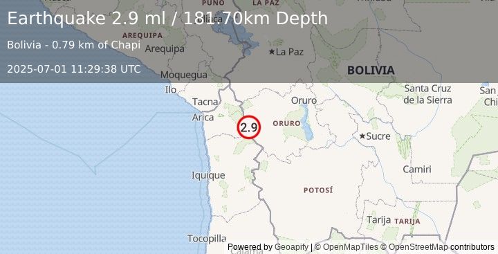 Earthquake ORURO, BOLIVIA (2.9 ml) (2025-07-01 11:29:38 UTC)