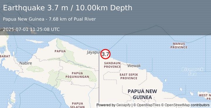 Earthquake NEAR N COAST OF NEW GUINEA, PNG. (3.7 m) (2025-07-01 11:25:08 UTC)