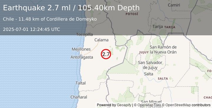 Earthquake ANTOFAGASTA, CHILE (2.7 ml) (2025-07-01 12:24:45 UTC)