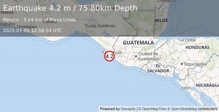 Earthquake OFFSHORE CHIAPAS, MEXICO (4.2 m) (2025-07-01 12:58:54 UTC)