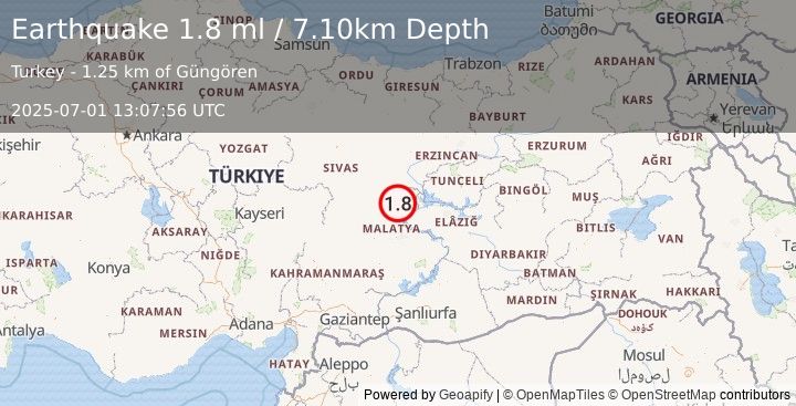 Earthquake EASTERN TURKEY (1.8 ml) (2025-07-01 13:07:56 UTC)