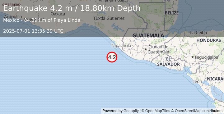 Earthquake OFFSHORE CHIAPAS, MEXICO (4.2 m) (2025-07-01 13:35:39 UTC)