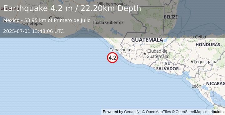 Earthquake OFFSHORE CHIAPAS, MEXICO (4.2 m) (2025-07-01 13:48:06 UTC)